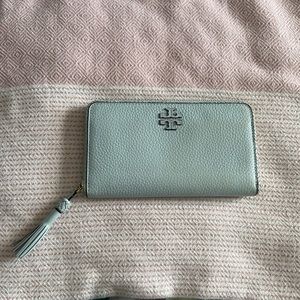 Slightly used pale blue Tory Burch zippy wallet
